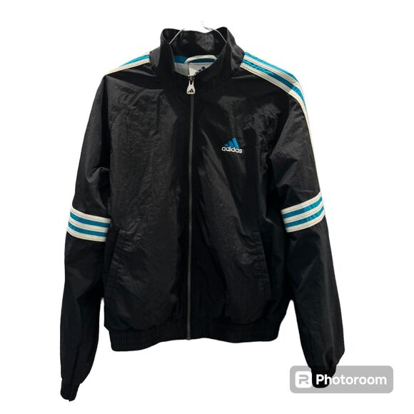 Adidas Vintage Windbreaker Bomber Jacket Black Zip Up Abstract Pattern Casual S - Picture 1 of 9